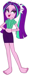 Size: 312x802 | Tagged: safe, artist:ajosterio, derpibooru import, aria blaze, equestria girls, ariabetes, barefoot, belly button, clothes, cute, feet, female, image, midriff, png, ponytails, shirt, shorts, simple background, smiling, smug, solo, transparent background, vest