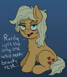 Size: 1600x1829 | Tagged: safe, artist:doodledonutart, derpibooru import, applejack, earth pony, pony, bags under eyes, blue background, dialogue, dishevelled, exhausted, image, jpeg, messy mane, simple background, solo, tired