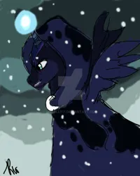 Size: 1024x1280 | Tagged: safe, artist:mirakat17, derpibooru import, princess luna, spirit of hearth's warming yet to come, alicorn, pony, a hearth's warming tail, cloak, clothes, glow, glowing horn, horn, image, jpeg, snow, snowfall, solo