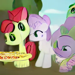 Size: 1024x1024 | Tagged: safe, craiyon, dall·e mini, derpibooru import, machine learning generated, apple bloom, spike, sweetie belle, dragon, earth pony, pony, unicorn, female, filly, foal, food, image, looking at something, male, outdoors, pizza, png, sitting, sweet apple acres, table, tree, trio, wat, what has science done, wrong eye color
