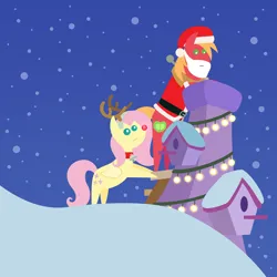 Size: 2160x2160 | Tagged: safe, anonymous artist, derpibooru import, big macintosh, fluttershy, earth pony, pegasus, pony, series:fm holidays, series:hearth's warming advent calendar 2022, advent calendar, animal costume, bell, bell collar, bipedal, bipedal leaning, chimney, christmas, christmas lights, clothes, collar, costume, fake antlers, fake beard, female, fluttermac, hat, high res, holiday, image, leaning, lineless, male, mare, night, png, pointy ponies, red nose, reindeer costume, santa costume, santa hat, shipping, snow, stallion, straight