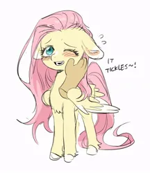 Size: 640x742 | Tagged: safe, artist:racoonman, derpibooru import, discord, fluttershy, pegasus, blushing, chest fluff, colored wings, colored wingtips, disembodied hand, floppy ears, hand, hand on face, happy, image, implied discord, implied shipping, implied straight, jpeg, offscreen character, open mouth, sketch, smiling, tickling, wings