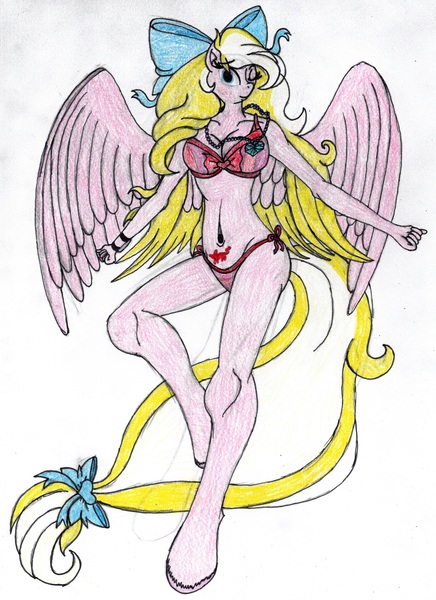 Size: 4473x6161 | Tagged: suggestive, artist:alabastoramril, derpibooru import, oc, oc:bay breeze, anthro, pegasus, adorasexy, agent alabastor amril, bikini, bow, clothes, cute, hair bow, image, jewelry, jpeg, necklace, pegasus oc, pendant, sexy, swimsuit, tattoo, wings, womb tattoo