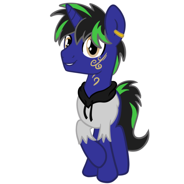Size: 4096x4096 | Tagged: safe, artist:sjart117, derpibooru import, oc, oc:dust rock, pony, unicorn, derpibooru community collaboration, 2023 community collab, clothes, coat markings, crossed legs, drawstrings, ear piercing, earring, facial markings, golden eyes, hoodie, horn, image, jewelry, looking at you, male, piercing, png, raised hoof, smiling, smiling at you, stallion, stallion oc, tail, two toned mane, two toned tail, unicorn oc