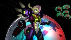 Size: 1280x720 | Tagged: safe, artist:warhammer50k, derpibooru import, fluttershy, anthro, pegasus, plantigrade anthro, 3d, angry face, arm cannon, badass, crossover, equis universe, fist, gravity suit, image, metroid, metroid (species), metroid dread, omega cannon, planet, png, power suit, shiny skin, source filmmaker, space