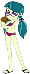 Size: 466x1133 | Tagged: safe, artist:ajosterio, derpibooru import, juniper montage, equestria girls, belly button, bikini, chocolate, clothes, feet, female, food, glasses, ice cream, ice cream cone, image, legs, midriff, png, ponytails, sandals, simple background, sleeveless, smiling, solo, swimsuit, transparent background
