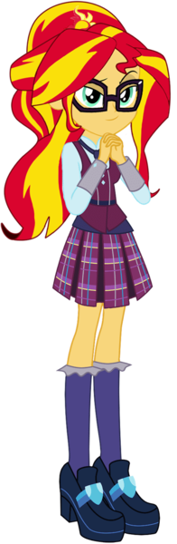 Size: 513x1568 | Tagged: safe, artist:ajosterio, derpibooru import, sunset shimmer, equestria girls, clothes, clothes swap, crystal prep academy uniform, cute, female, glasses, hands together, image, lidded eyes, long sleeves, necktie, png, school uniform, shimmerbetes, shoes, simple background, skirt, smiling, smug, socks, solo, transparent background, vest