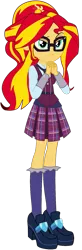 Size: 513x1568 | Tagged: safe, artist:ajosterio, derpibooru import, sunset shimmer, equestria girls, clothes, clothes swap, crystal prep academy uniform, cute, female, glasses, hands together, image, lidded eyes, long sleeves, necktie, png, school uniform, shimmerbetes, shoes, simple background, skirt, smiling, smug, socks, solo, transparent background, vest