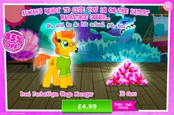 Size: 1958x1300 | Tagged: safe, derpibooru import, official, crunch time (character), earth pony, pony, advertisement, background character, background pony, clothes, costs real money, english, gameloft, gem, glasses, image, jpeg, male, microphone, numbers, sale, shirt, solo, solo focus, stallion, text