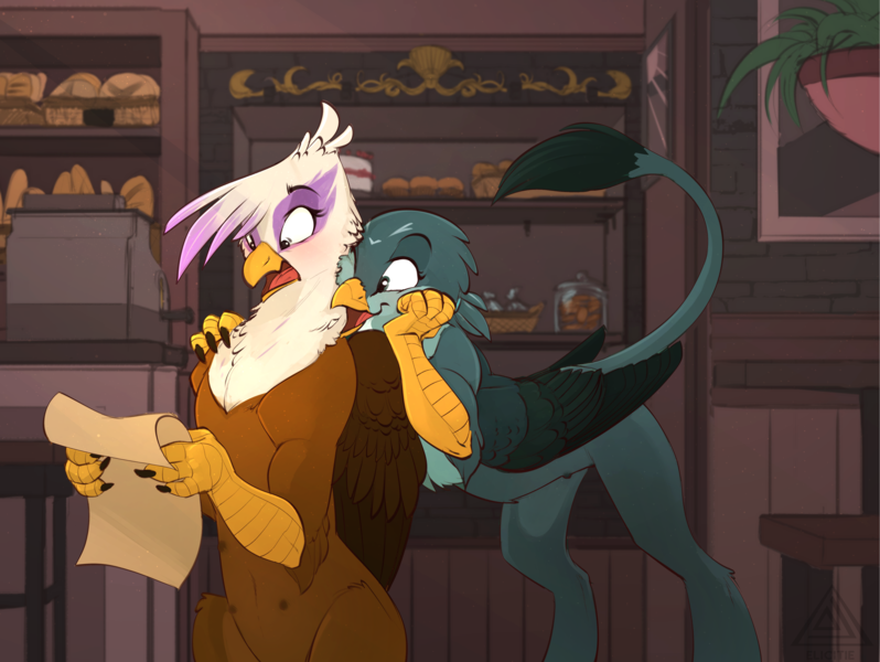 Size: 3967x2984 | Tagged: safe, artist:elicitie, paywalled source, gabby, gilda, gryphon, fanfic:lovely little letters, accidentally featured on eqd, bakery, bipedal, bipedal leaning, blushing, bread, casual nudity, crotchboobs, cute, duo, duo female, fanfic art, female, females only, food, gabbybetes, gildadorable, image, leaning, letter, nipples, nudity, one eye closed, png, reading, surprised, teats