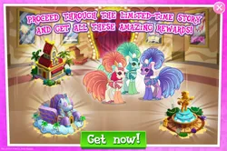 Size: 1954x1295 | Tagged: safe, derpibooru import, official, emerald flare, gladmane, sapphire sequins, sunset circus, earth pony, pony, book, building, bush, coconut, english, feather, female, food, fountain, gameloft, gold, headress, image, jpeg, limited-time story, mare, mobile game, palm tree, performer, show mares, showgirl, sign, statue, text, tree, trio