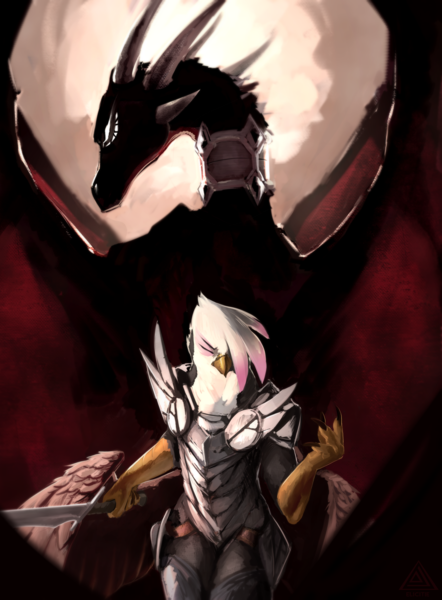 Size: 4570x6200 | Tagged: safe, artist:elicitie, paywalled source, gilda, anthro, dragon, gryphon, armor, breastplate, clothes, duo, eyes closed, female, holding, image, looking back, muscles, muscular female, png, socks, spread wings, sword, talons, thigh highs, weapon, wings