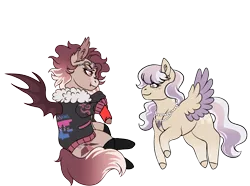 Size: 2701x2007 | Tagged: safe, artist:malinraf1615, derpibooru import, oc, oc:amaranthine, oc:quinn, unofficial characters only, bat pony, pegasus, pony, derpibooru community collaboration, 2023 community collab, bat pony oc, bat wings, bisexual pride flag, chibi, clothes, duo, ear fluff, ear piercing, earring, eyeshadow, fangs, female, fingerless gloves, freckles, gloves, image, jacket, jewelry, leather, leather jacket, looking at each other, looking at someone, makeup, mare, markings, necklace, piercing, png, pride, pride flag, raised hoof, simple background, sitting, socks, stockings, sunglasses, thigh highs, transparent background, unshorn fetlocks, wings