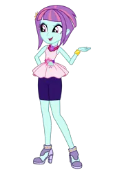 Size: 1024x1537 | Tagged: safe, artist:ajosterio, derpibooru import, sunny flare, equestria girls, clothes, clothes swap, female, gold, hand on hip, high heels, image, jewelry, necklace, open mouth, peplum dress, png, shoes, shorts, simple background, sleeveless, smiling, solo, transparent background, waistband, wristband