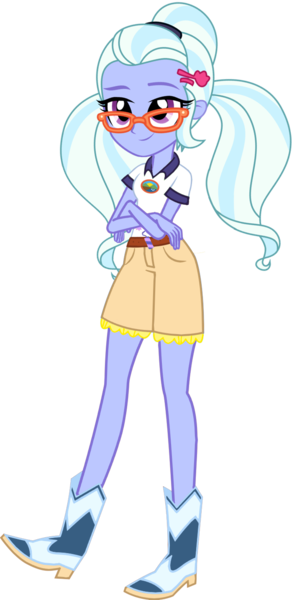 Size: 722x1433 | Tagged: safe, artist:ajosterio, derpibooru import, sugarcoat, equestria girls, legend of everfree, belt, boots, camp everfree logo, camp everfree outfits, clothes, collar, crossed arms, denim, denim shorts, female, glasses, image, legs, png, pockets, ponytails, shirt, shoes, shorts, simple background, solo, transparent background