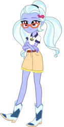 Size: 722x1433 | Tagged: safe, artist:ajosterio, derpibooru import, sugarcoat, equestria girls, legend of everfree, belt, boots, camp everfree logo, camp everfree outfits, clothes, collar, crossed arms, denim, denim shorts, female, glasses, image, legs, png, pockets, ponytails, shirt, shoes, shorts, simple background, solo, transparent background