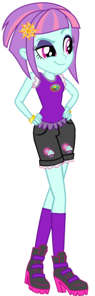 Size: 480x1490 | Tagged: safe, artist:ajosterio, derpibooru import, sunny flare, equestria girls, legend of everfree, boots, camp everfree logo, camp everfree outfits, clothes, clothes swap, cloud, denim, denim shorts, eyebrows, female, gold, hairpin, hand on hip, image, lidded eyes, png, pockets, rain, raised eyebrow, shirt, shoes, shorts, simple background, sleeveless, smiling, smug, socks, solo, transparent background, wristband