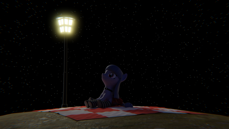 Size: 3840x2160 | Tagged: safe, artist:the luna fan, derpibooru import, oc, oc:cosmia nebula, unofficial characters only, 3d, blender, blender cycles, derpibooru exclusive, image, lamppost, looking up, night, picnic blanket, png, stars