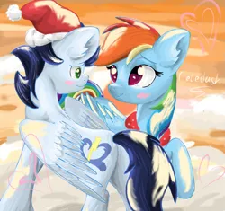Size: 2113x1988 | Tagged: safe, artist:celedash, derpibooru import, rainbow dash, soarin', pegasus, pony, backwards cutie mark, blushing, butt, christmas, clothes, cloud, colt, female, foal, hat, holiday, image, looking at each other, looking at someone, male, mare, plot, png, romantic, santa hat, scarf, shipping, smiling, soarindash, stallion, straight, sunset
