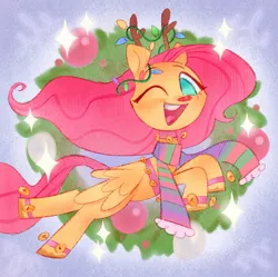 Size: 1526x1522 | Tagged: safe, artist:shugrcube, derpibooru import, fluttershy, pegasus, pony, bell, bell collar, christmas ornament, christmas wreath, clothes, collar, cute, decoration, fake antlers, female, image, jingle bells, jpeg, looking at you, mare, one eye closed, open mouth, open smile, red nose, scarf, shyabetes, smiling, smiling at you, solo, sparkles, striped scarf, wink, winking at you, wreath