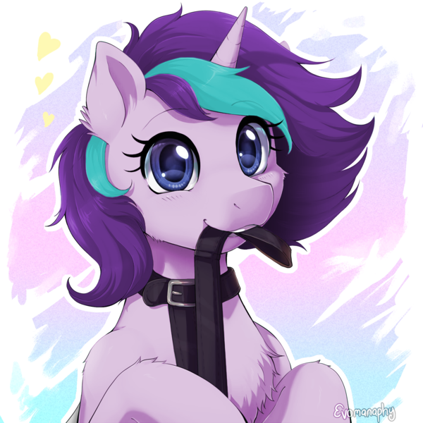 Size: 2000x2000 | Tagged: editor needed, safe, artist:evomanaphy, edit, unauthorized edit, starlight glimmer, unicorn, abstract background, blue eyes, bust, cheek fluff, chest fluff, collar, ear fluff, female, heart, horn, image, leash, leg fluff, looking at you, mouth hold, png, purple coat, raised hoof, raised hooves, signature, smiling, smiling at you, solo, teeth, two toned mane, watermark