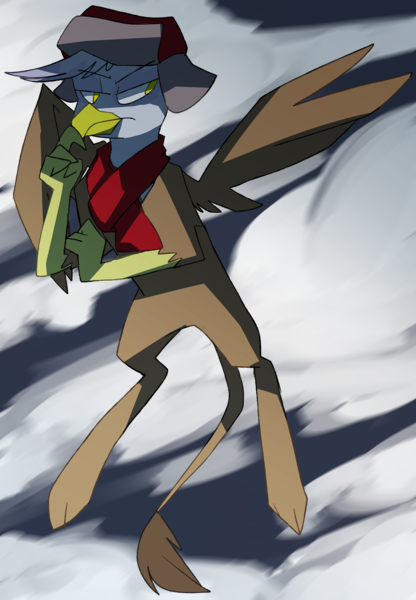 Size: 1250x1801 | Tagged: safe, artist:ghost, derpibooru import, gilda, gryphon, clothes, female, flying, hat, image, looking sideways, png, scarf, solo, spread wings, thinking, ushanka, wings