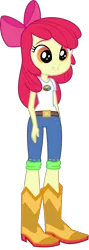 Size: 1118x3152 | Tagged: safe, artist:ajosterio, derpibooru import, apple bloom, equestria girls, belt, belt buckle, boots, bow, camp everfree logo, camp everfree outfits, clothes, clothes swap, hair bow, image, pants, png, shoes, simple background, smiling, solo, transparent background