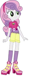 Size: 1280x3271 | Tagged: safe, artist:ajosterio, derpibooru import, sweetie belle, equestria girls, boots, camp everfree logo, camp everfree outfits, clothes, clothes swap, denim, denim shorts, hairband, image, png, shirt, shoes, shorts, simple background, smiling, socks, solo, transparent background