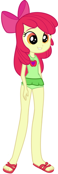 Size: 1044x3120 | Tagged: safe, artist:ajosterio, derpibooru import, apple bloom, equestria girls, apple, bow, clothes, clothes swap, cutie mark, female, food, hair bow, heart, image, legs, png, sandals, simple background, sleeveless, smiling, solo, swimsuit, transparent background