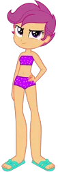 Size: 556x1640 | Tagged: safe, artist:ajosterio, derpibooru import, scootaloo, equestria girls, bikini, bikini bottom, bikini top, clothes, clothes swap, female, image, legs, looking up, png, sandals, simple background, smiling, smug, solo, swimsuit, transparent background