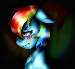 Size: 1024x934 | Tagged: semi-grimdark, artist:pepelepewhtf, derpibooru import, rainbow dash, pegasus, pony, fanfic:rainbow factory, 2017, abstract background, blood, blood on face, chest fluff, crying, deviantart watermark, eye clipping through hair, fanfic art, female, floppy ears, gritted teeth, guilty, image, liquid rainbow, looking down, obtrusive watermark, pegasus device, png, rainbow blood, rainbow factory dash, sad, solo, spectra, tears of sadness, teeth, watermark