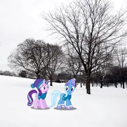 Size: 720x717 | Tagged: safe, artist:mundschenk85, derpibooru import, starlight glimmer, trixie, pony, unicorn, boots, clothes, female, hat, image, irl, jpeg, mare, minneapolis, minnesota, photo, ponies in real life, shoes, snow, tree, vest, winter hat, winter wrap up vest