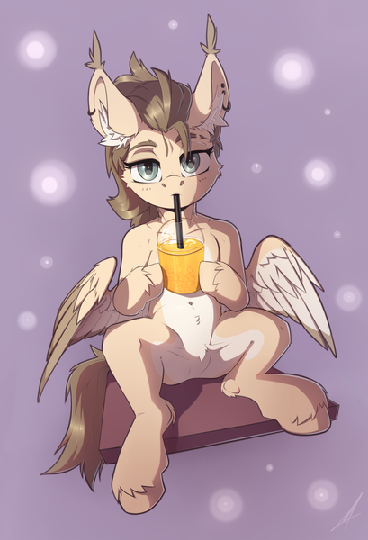 Size: 2325x3410 | Tagged: safe, artist:midnightflight, derpibooru import, oc, oc:dima, unofficial characters only, pegasus, pony, bubble tea, drinking, image, looking at you, pegasus oc, png, simple background, solo, wings