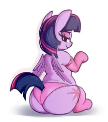 Size: 899x1010 | Tagged: suggestive, artist:andelai, derpibooru import, twilight sparkle, twilight sparkle (alicorn), alicorn, pony, bedroom eyes, butt, chubby, clothes, female, image, looking at you, looking back, looking back at you, mare, png, simple background, sitting, socks, thick, twibutt, underwear, white background