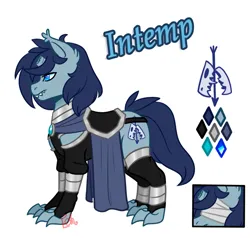Size: 736x700 | Tagged: safe, artist:eve-of-halloween, derpibooru import, oc, oc:intemp, unofficial characters only, pony, tumblr:askmotherlyluna, armor, au:hallowverse, blue eyes, blue mane, broken horn, claws, clothes, color palette, cutie mark, ear fluff, horn, image, male, png, predorus, reference, reference sheet, sharp teeth, stallion, teeth