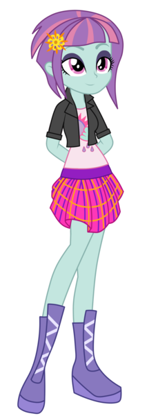 Size: 1024x2685 | Tagged: safe, artist:ajosterio, derpibooru import, sunny flare, equestria girls, arm behind back, boots, casual, clothes, collar, female, image, jacket, legs, png, shirt, shoes, simple background, skirt, smiling, solo, transparent background