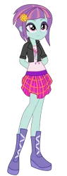 Size: 1024x2685 | Tagged: safe, artist:ajosterio, derpibooru import, sunny flare, equestria girls, arm behind back, boots, casual, clothes, collar, female, image, jacket, legs, png, shirt, shoes, simple background, skirt, smiling, solo, transparent background