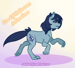 Size: 462x417 | Tagged: safe, artist:eve-of-halloween, derpibooru import, oc, oc:intemp, unofficial characters only, hybrid, original species, pony, tumblr:askmotherlyluna, animated, au:hallowverse, blue eyes, blue hair, claws, ear fluff, gif, image, long tail, male, predorus, running, simple background, stallion, tail, trotting, tumblr