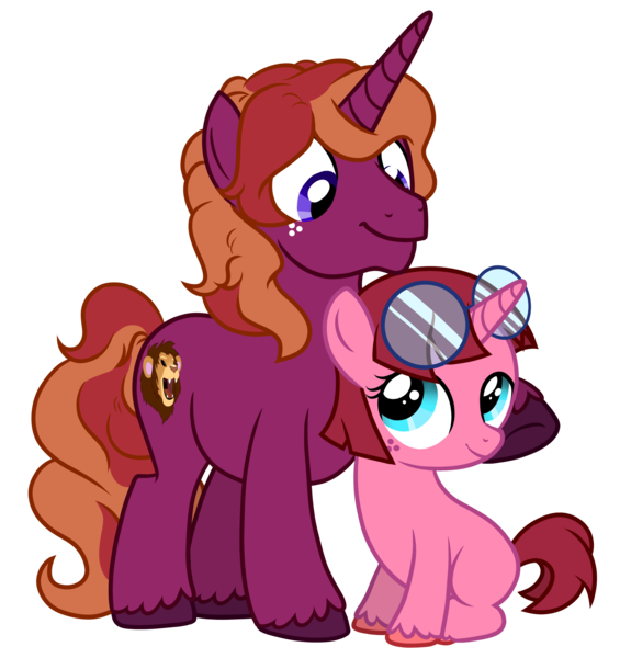 Size: 2645x2808 | Tagged: safe, artist:ponykittenboi, derpibooru import, oc, oc:roaring maw, oc:rose petal, unofficial characters only, big cat, lion, pony, unicorn, derpibooru community collaboration, 2023 community collab, duo, family, father and child, father and daughter, female, filly, foal, freckles, glasses, hoof on cheek, image, looking at each other, looking at someone, male, png, short mane, short tail, show accurate, simple background, sitting, smiling, stallion, tail, transparent background, two toned mane, two toned tail