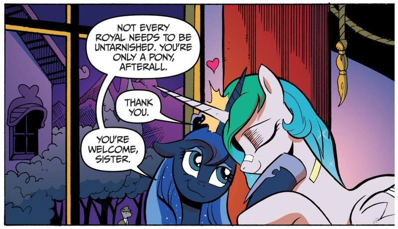 Size: 1302x750 | Tagged: safe, artist:andypriceart, derpibooru import, idw, princess celestia, princess luna, alicorn, pony, reflections, spoiler:comic, spoiler:comic20, dialogue, duo, female, g4, heart, image, jpeg, mare, royal sisters, sibling love, siblings, sisterly love, sisters, speech bubble