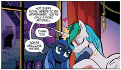 Size: 1302x750 | Tagged: safe, artist:andypriceart, derpibooru import, idw, princess celestia, princess luna, alicorn, pony, reflections, spoiler:comic, spoiler:comic20, dialogue, duo, female, g4, heart, image, jpeg, mare, royal sisters, sibling love, siblings, sisterly love, sisters, speech bubble