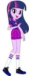 Size: 576x1484 | Tagged: safe, artist:ajosterio, derpibooru import, twilight sparkle, twilight sparkle (alicorn), alicorn, equestria girls, belt, camp everfree logo, camp everfree outfits, clothes, collar, denim, denim shorts, image, looking at you, open mouth, png, pockets, shirt, shoes, shorts, simple background, smiling, socks, solo, transparent background