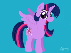 Size: 1024x765 | Tagged: safe, artist:thebrokencog, derpibooru import, twilight sparkle, twilight sparkle (alicorn), alicorn, pony, blue background, female, full body, hooves, horn, image, jpeg, looking at you, mare, open mouth, open smile, signature, simple background, smiling, smiling at you, solo, spread wings, standing, tail, wings