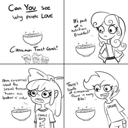 Size: 3178x3178 | Tagged: suggestive, artist:tjpones, derpibooru import, apple bloom, scootaloo, sweetie belle, equestria girls, cereal, comic, cutie mark crusaders, dialogue, food, image, jpeg, one of these things is not like the others