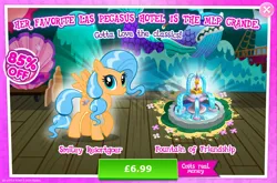 Size: 1964x1298 | Tagged: safe, derpibooru import, official, dusty swift, pegasus, pony, advertisement, background character, background pony, costs real money, english, female, flower, fountain, gameloft, image, jpeg, las pegasus resident, mare, numbers, sale, solo, solo focus, spread wings, text, wings
