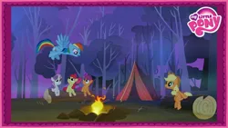 Size: 1920x1080 | Tagged: safe, derpibooru import, edit, edited screencap, screencap, apple bloom, applejack, rainbow dash, scootaloo, sweetie belle, earth pony, pegasus, pony, unicorn, sleepless in ponyville, 2012, campfire, camping, female, filly, fire, foal, image, jpeg, logo, mare, my little pony logo, preview, tent