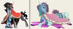 Size: 1660x658 | Tagged: safe, artist:coypuppy, derpibooru import, king sombra, opaline, alicorn, pony, unicorn, g5, my little pony: make your mark, spoiler:g5, spoiler:my little pony: make your mark, g4, image, misty brightdawn, png, signature, simple background, tongue out, white background, x eyes