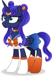 Size: 3266x4799 | Tagged: safe, artist:anime-equestria, derpibooru import, princess luna, alicorn, pony, absurd resolution, alternate hairstyle, boots, clothes, cosplay, costume, crossover, female, gloves, headband, horn, image, jewelry, necklace, outfit, png, ribbon, sailor moon, sailor uniform, shoes, simple background, smiling, solo, transparent background, uniform, usagi tsukino, vector, wings