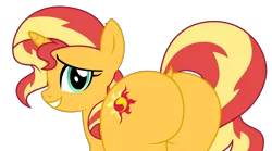Size: 5000x2771 | Tagged: suggestive, derpibooru import, sunset shimmer, pony, unicorn, absurd resolution, bunset shimmer, butt, female, image, looking at you, mare, plot, png, simple background, solo, the ass was fat, transparent background, vector