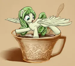 Size: 2684x2337 | Tagged: safe, artist:uteuk, derpibooru import, oc, oc:teadrop, unofficial characters only, pegasus, pony, coffee, coffee cup, cup, cup of pony, female, heterochromia, image, micro, png, simple background, spoon